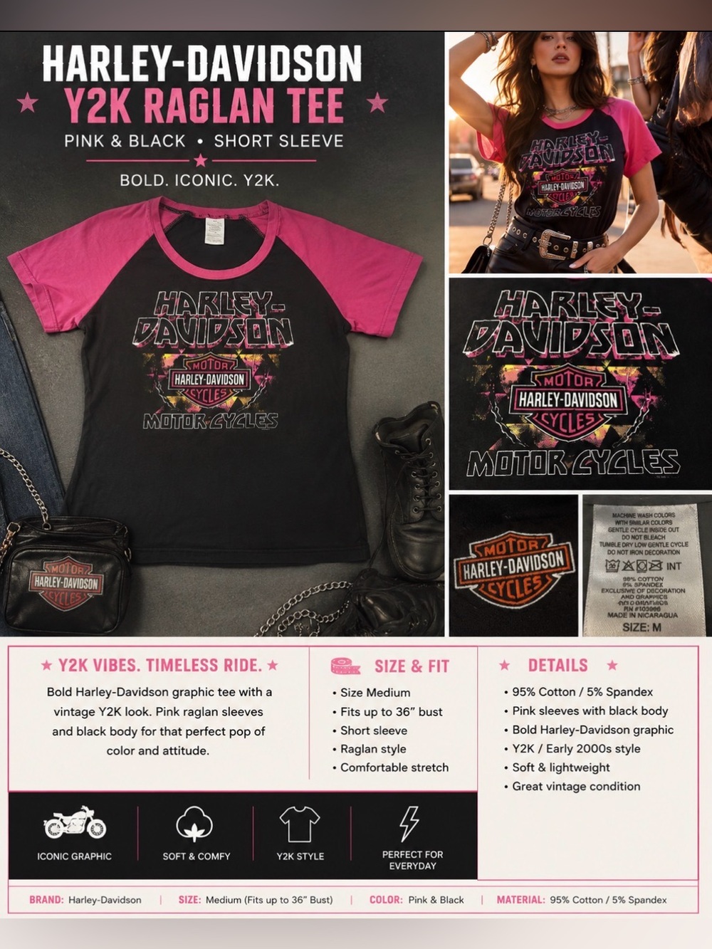 *Harley-Davidson - 95% cotton-Pink and Black Short Sleeve Tee